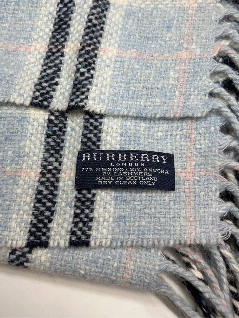 Burberry Merino Angora Cashmere Scarf Blue Grey Novacheck Check Plaid Fringe - Picture 6 of 8